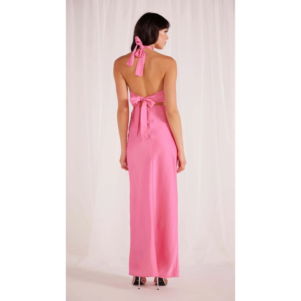 NEW NWT Sz Small S 4-6 MinkPink FINLAY SATIN HALTER GOWN PINK SOLID TIE BACK - Picture 3 of 3
